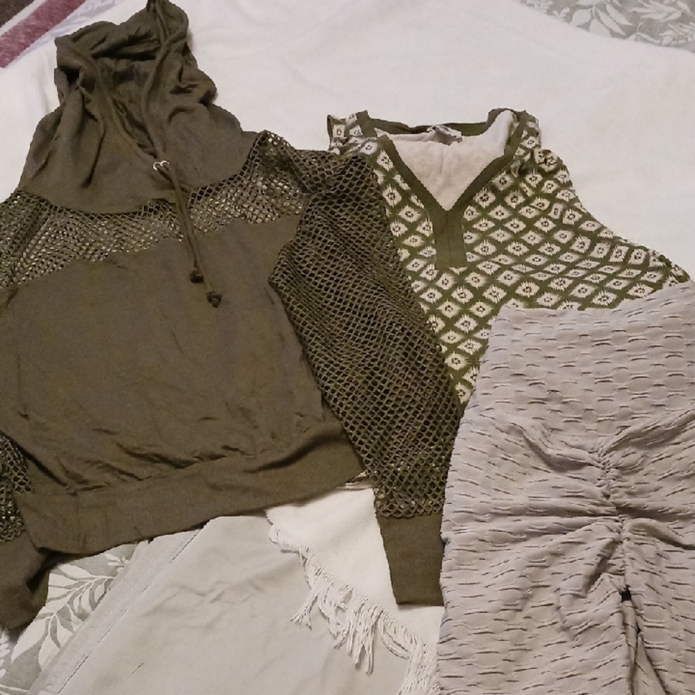 Olive Green Hoodie and Patterned Top Set